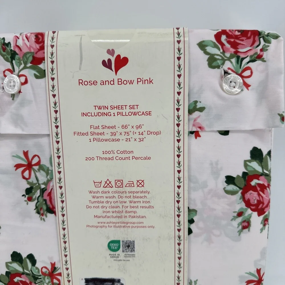 Cath Kidston TWIN Sheet Set Rose and Bow FLORAL 100% Cotton Percale 200 TC New‎